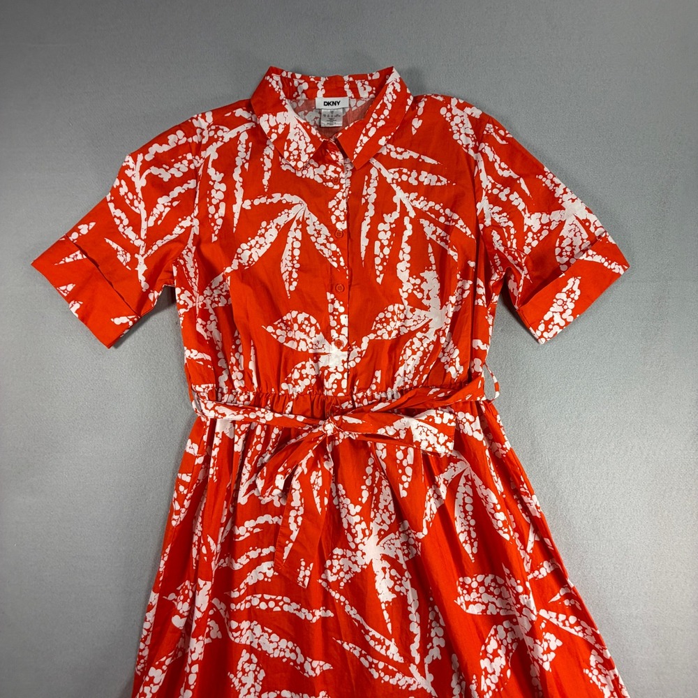 DKNY Tropical Print Belted Midi Shirt Dress 14 Orange White Cotton Coastal